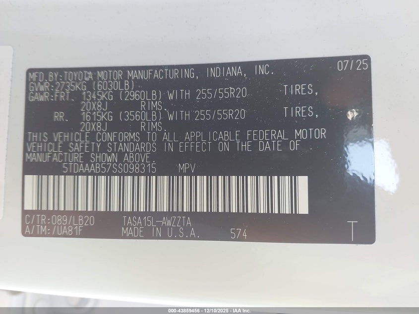 5TDAAAB57SS098315 2025 TOYOTA HIGHLANDER photo no. 9