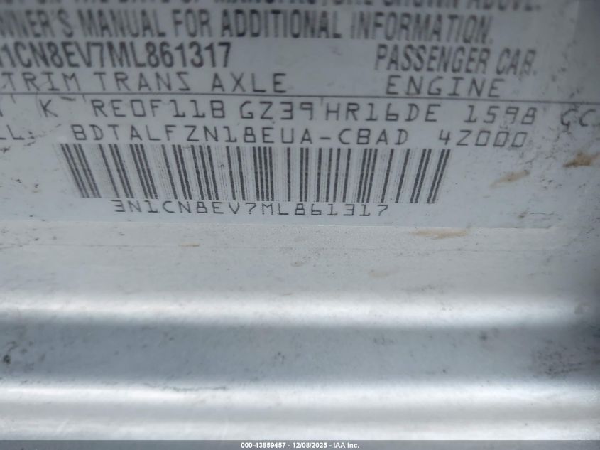 2021 Nissan Versa Sv Xtronic Cvt VIN: 3N1CN8EV7ML861317 Lot: 43859457