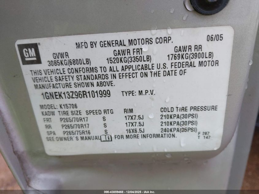 2006 Chevrolet Tahoe Z71 VIN: 1GNEK13Z96R101999 Lot: 43859468