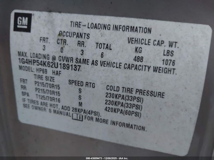 2002 Buick Lesabre Custom VIN: 1G4HP54K62U189137 Lot: 43859473