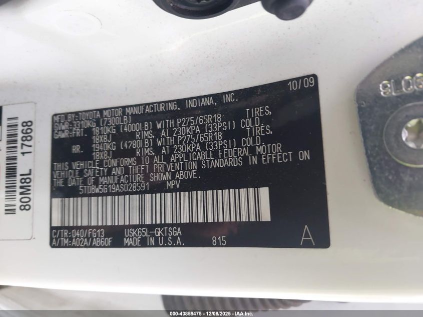 2010 Toyota Sequoia Sr5 5.7L V8 VIN: 5TDBW5G19AS028591 Lot: 43859475