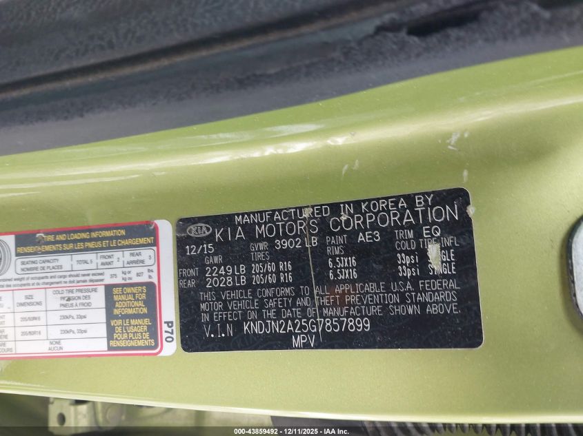 2016 Kia Soul VIN: KNDJN2A25G7857899 Lot: 43859492