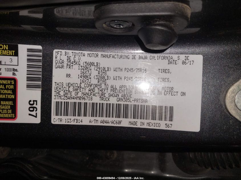 2017 Toyota Tacoma Sr V6 VIN: 3TMCZ5AN4HM096718 Lot: 43859494