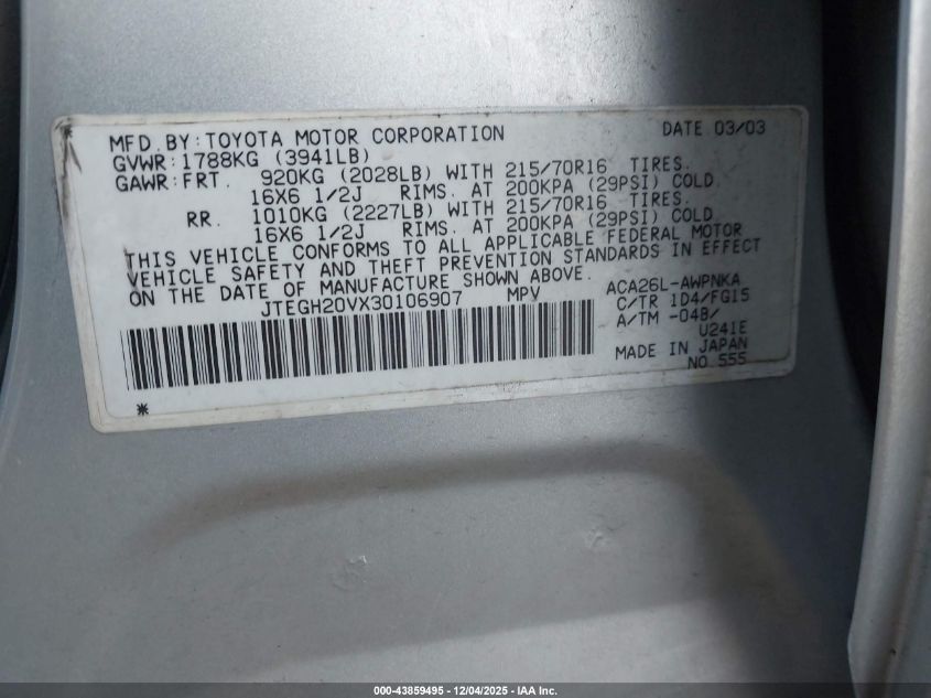 2003 Toyota Rav4 VIN: JTEGH20VX30106907 Lot: 43859495