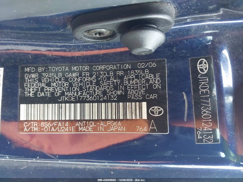 2006 Scion Tc VIN: JTKDE177360124132 Lot: 43859500