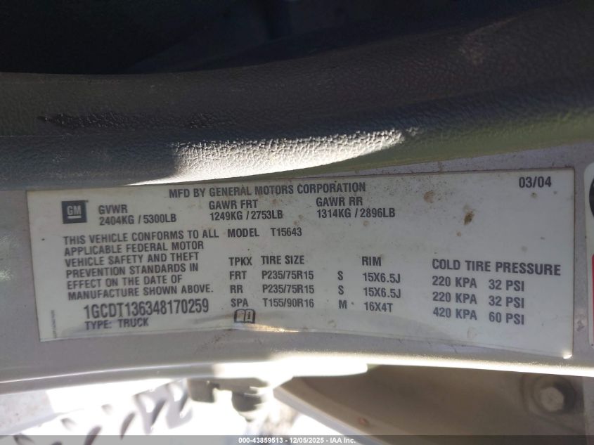 2004 Chevrolet Colorado Ls VIN: 1GCDT136348170259 Lot: 43859513