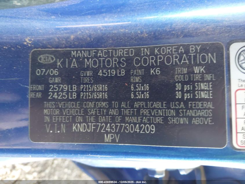 2007 Kia Sportage Lx VIN: KNDJF724377304209 Lot: 43859524