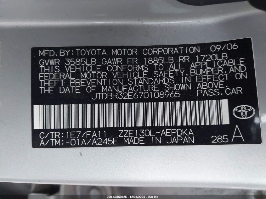 2007 Toyota Corolla Ce VIN: JTDBR32E670108965 Lot: 43859525