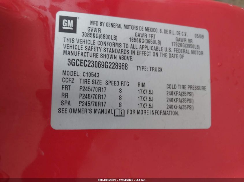 2009 Chevrolet Silverado 1500 Lt VIN: 3GCEC23069G228968 Lot: 43859527
