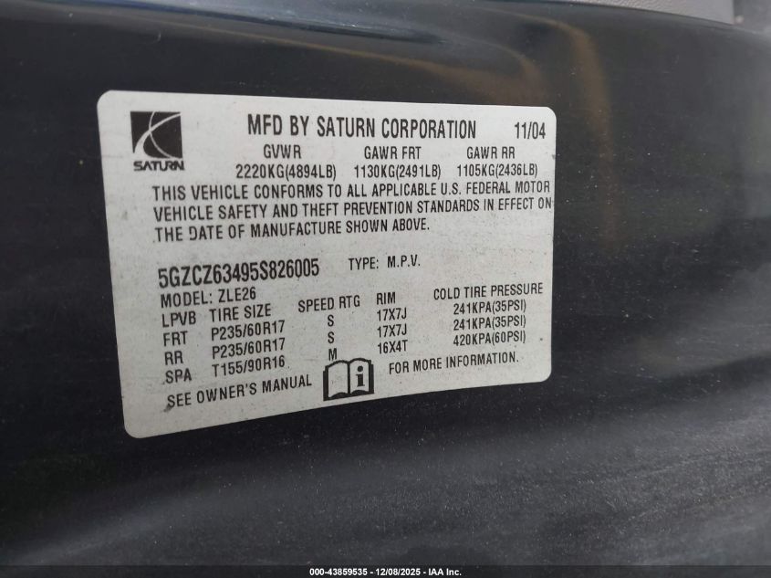 2005 Saturn Vue V6 VIN: 5GZCZ63495S826005 Lot: 43859535