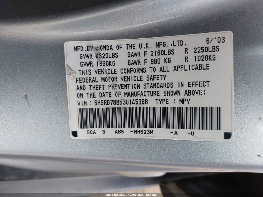 2003 Honda Cr-V Ex VIN: SHSRD78853U145368 Lot: 43859539