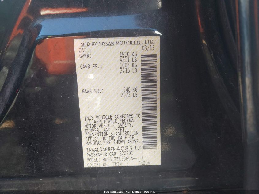 2015 Nissan Altima 2.5 Sl VIN: 1N4AL3AP8FN408532 Lot: 43859538