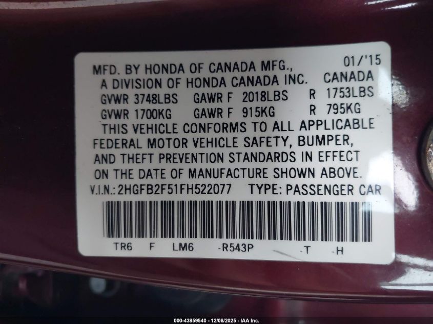 2015 Honda Civic Lx VIN: 2HGFB2F51FH522077 Lot: 43859540