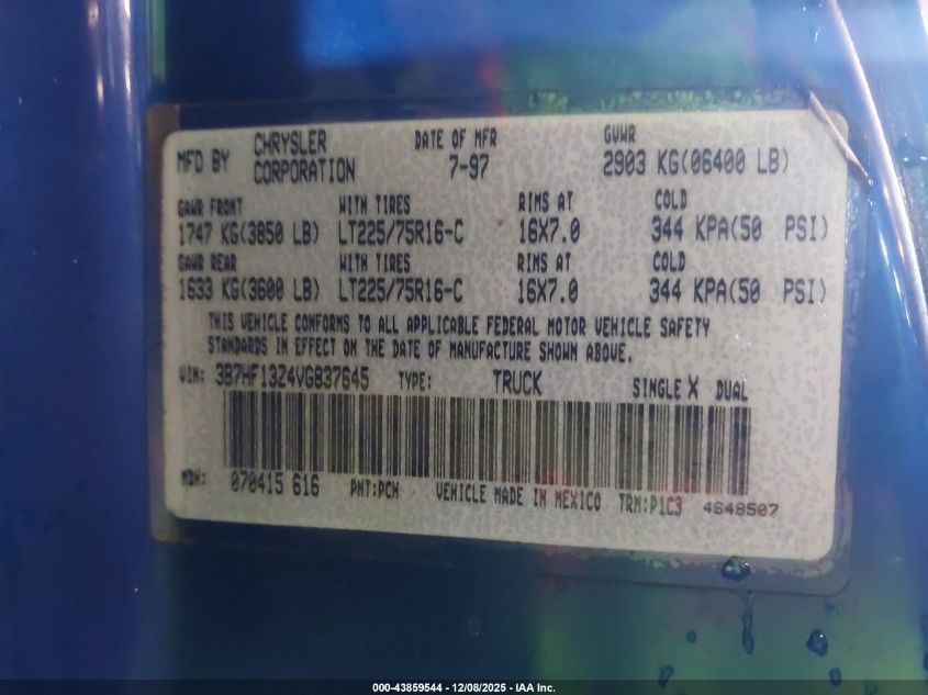 1997 Dodge Ram 1500 St VIN: 3B7HF13Z4VG837645 Lot: 43859544