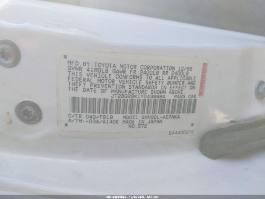 2000 Toyota Camry Ce/Le/Xle VIN: JT2BG22K1Y0438884 Lot: 43859563