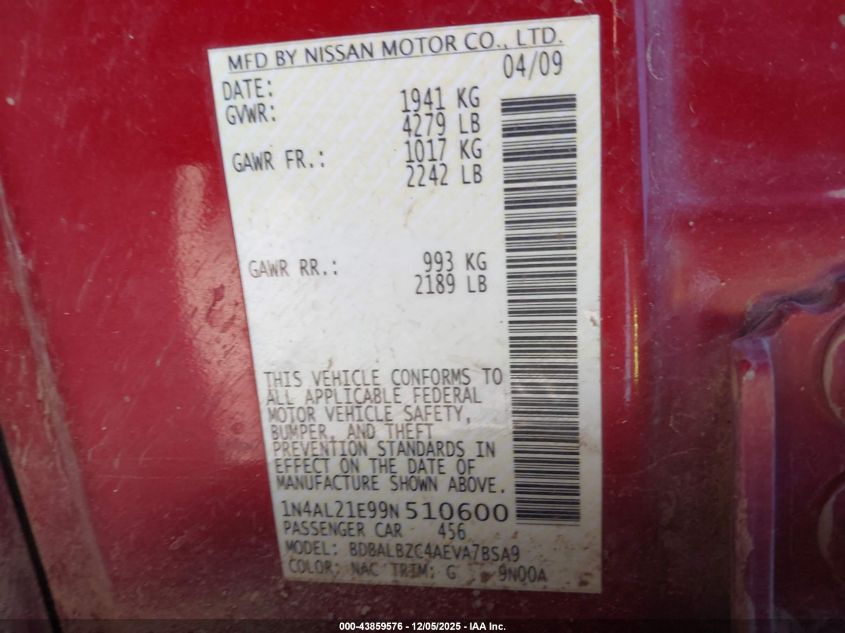 2009 Nissan Altima 2.5 S VIN: 1N4AL21E99N510600 Lot: 43859576
