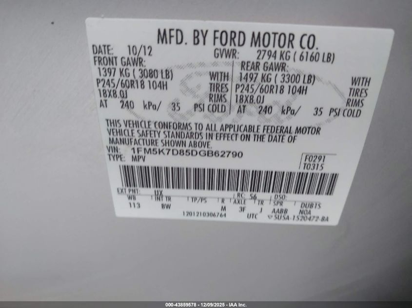 2013 Ford Explorer Xlt VIN: 1FM5K7D85DGB62790 Lot: 43859578