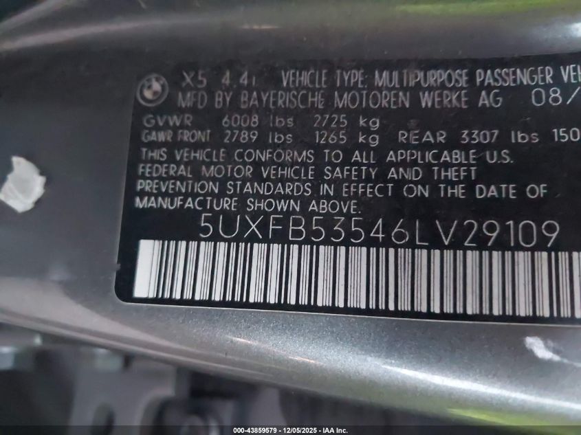 2006 BMW X5 4.4I VIN: 5UXFB53546LV29109 Lot: 43859579