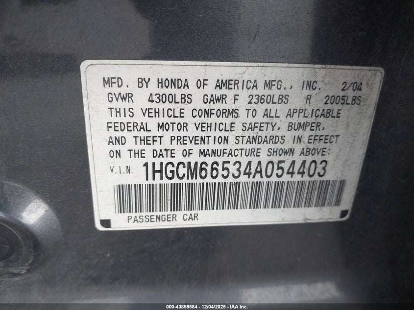 1HGCM66534A054403 2004 HONDA ACCORD photo no. 9