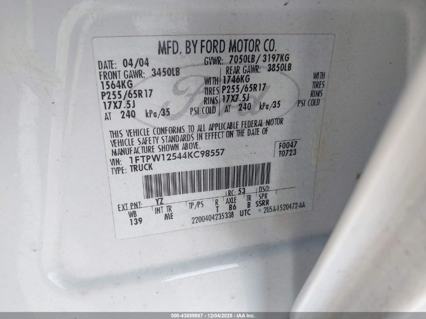 2004 Ford F-150 Lariat/Xlt VIN: 1FTPW12544KC98557 Lot: 43859587