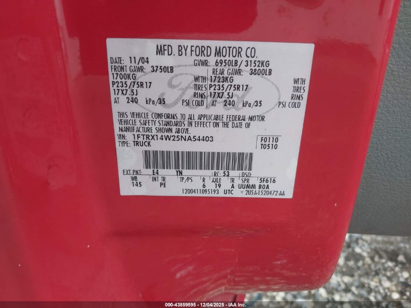 2005 Ford F-150 Stx/Xl/Xlt VIN: 1FTRX14W25NA54403 Lot: 43859595
