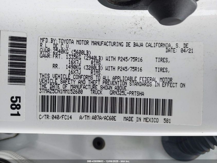 2021 Toyota Tacoma Sr5 V6 VIN: 3TMAZ5CN1MM152600 Lot: 43859603