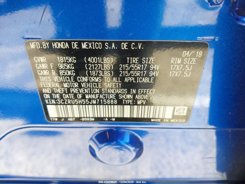 2018 Honda Hr-V Ex VIN: 3CZRU5H55JM715888 Lot: 43859609