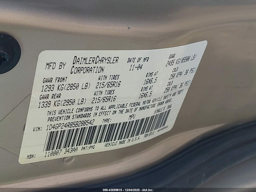 2005 Dodge Grand Caravan Se VIN: 1D4GP24R85B288542 Lot: 43859615