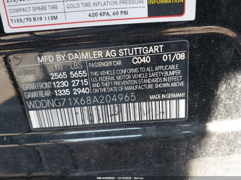 2008 Mercedes-Benz S 550 VIN: WDDNG71X68A204965 Lot: 43859620