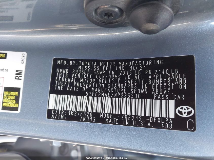 2022 Toyota Corolla Le VIN: 5YFEPMAE7NP285330 Lot: 43859622