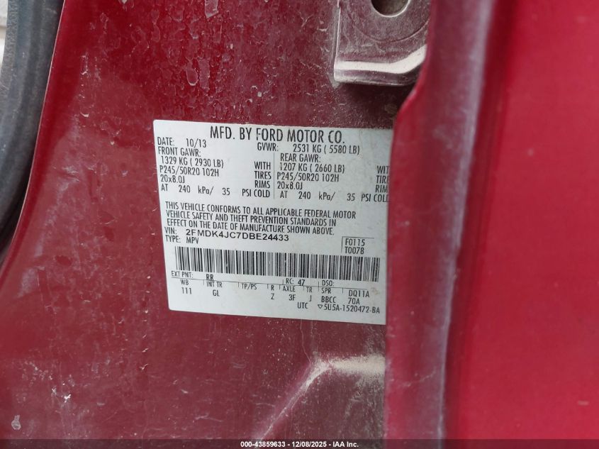 2013 Ford Edge Sel VIN: 2FMDK4JC7DBE24433 Lot: 43859633