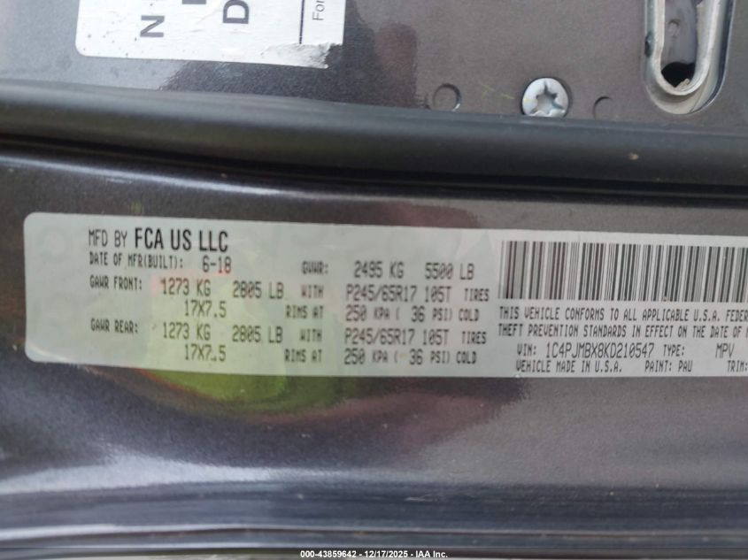 2019 Jeep Cherokee Trailhawk 4X4 VIN: 1C4PJMBX8KD210547 Lot: 43859642