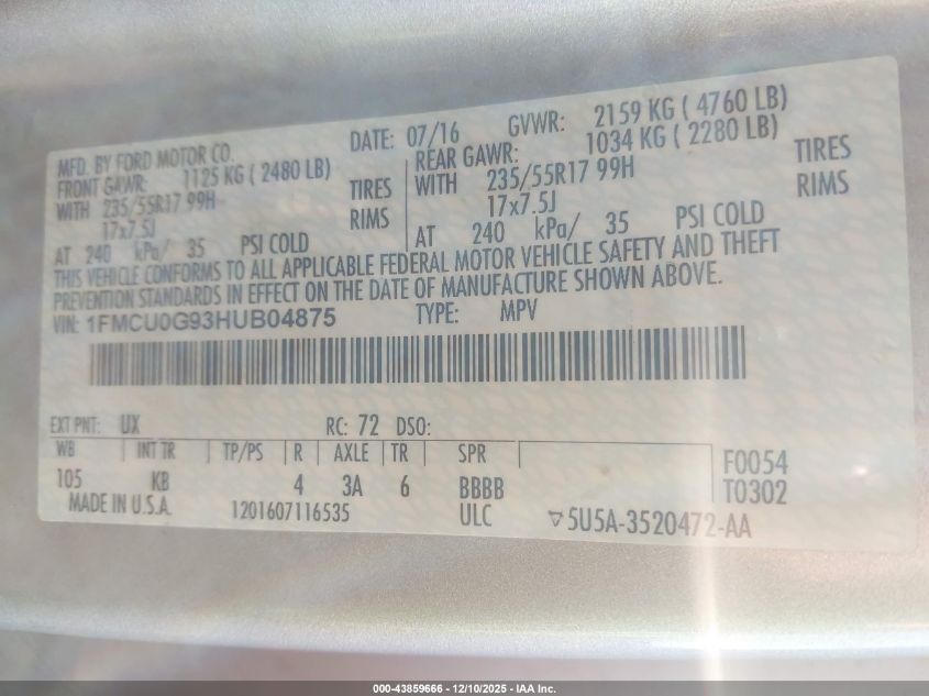 2017 Ford Escape Se VIN: 1FMCU0G93HUB04875 Lot: 43859666