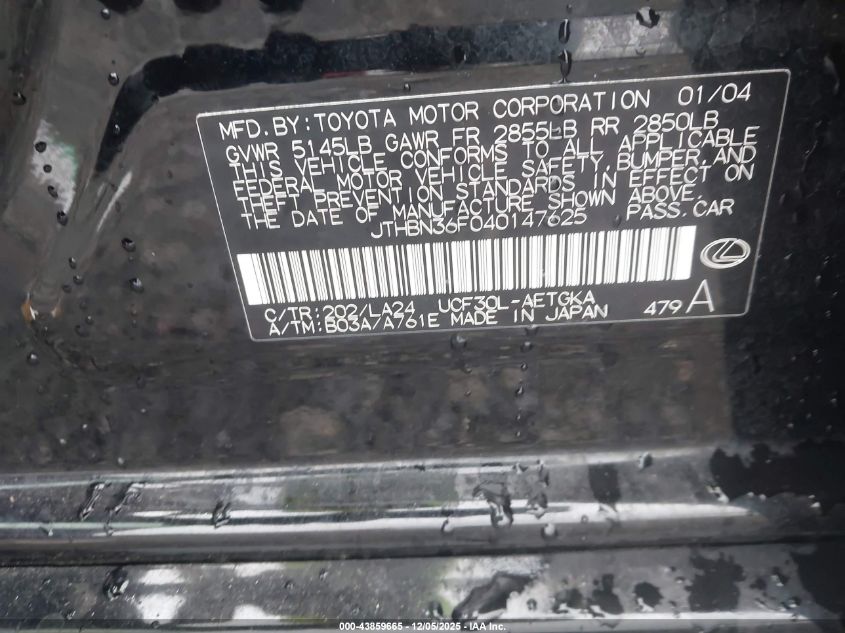 2004 Lexus Ls 430 VIN: JTHBN36F040147625 Lot: 43859665