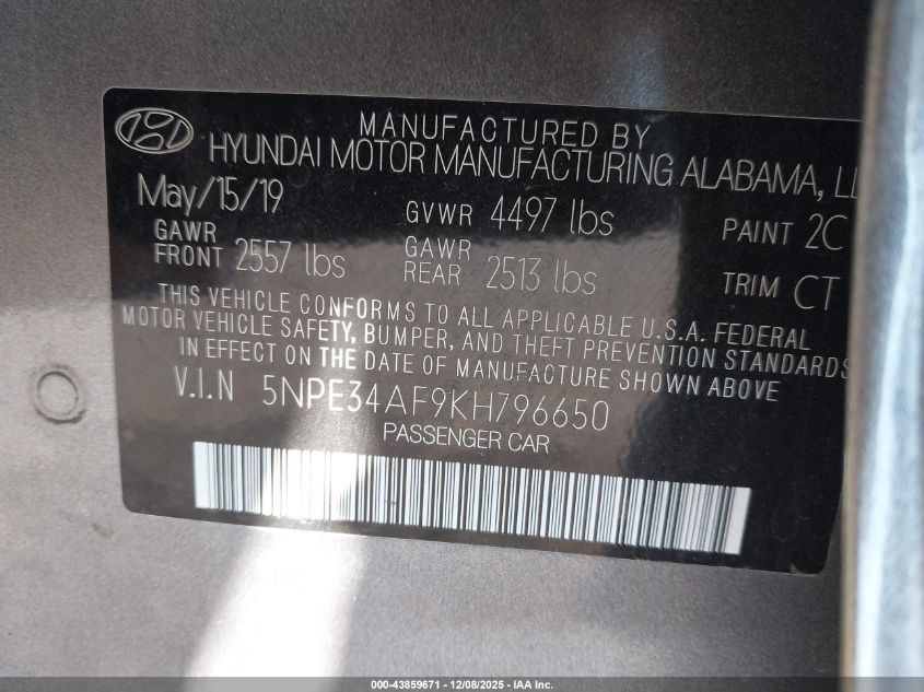 2019 Hyundai Sonata Sel VIN: 5NPE34AF9KH796650 Lot: 43859671