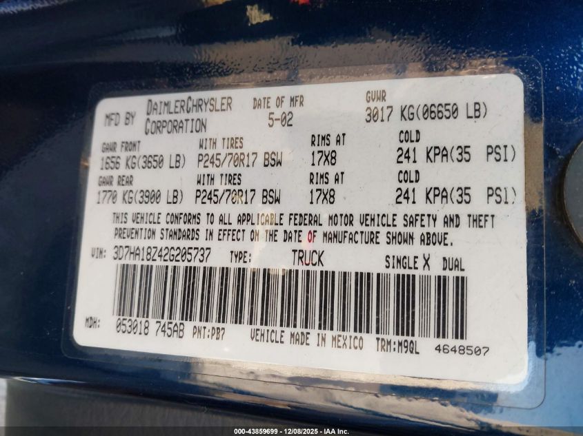 2002 Dodge Ram 1500 St VIN: 3D7HA18Z42G205737 Lot: 43859699