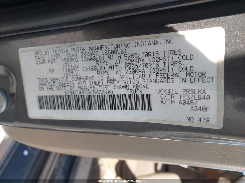 2004 Toyota Tundra Limited V8 VIN: 5TBDT48134S436107 Lot: 43859700