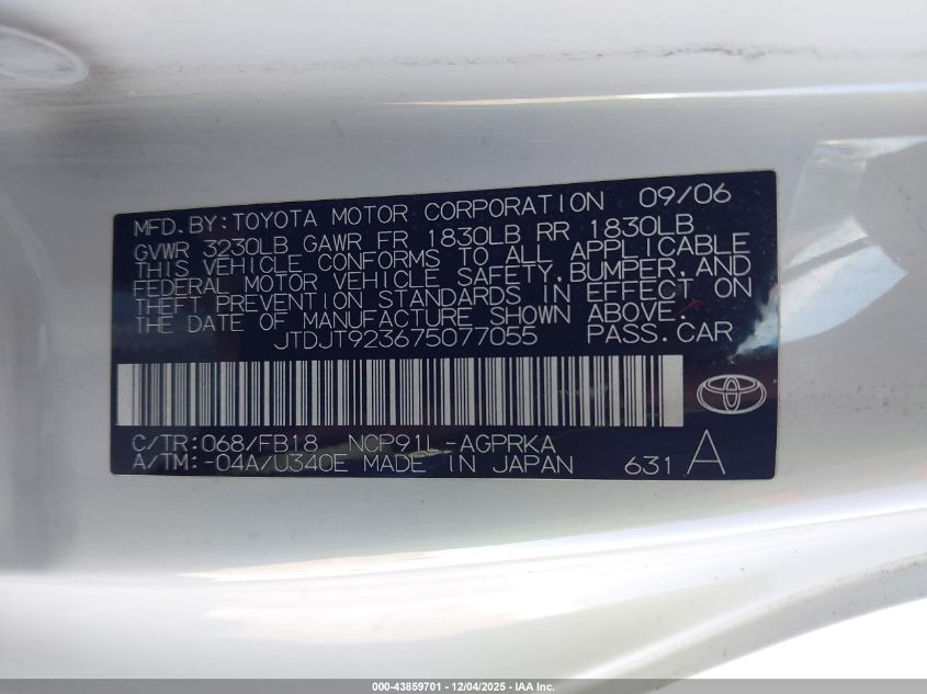 2007 Toyota Yaris VIN: JTDJT923675077055 Lot: 43859701