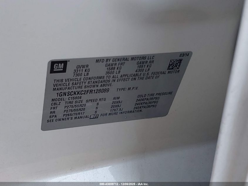 2015 Chevrolet Suburban 1500 Ltz VIN: 1GNSCKKC2FR128089 Lot: 43859712