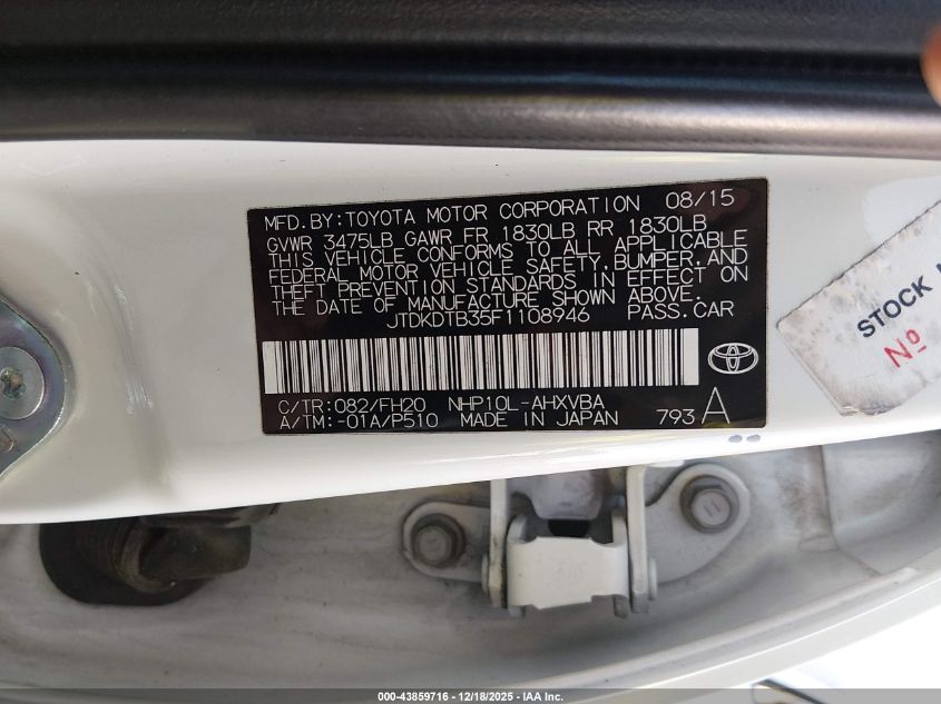 2015 Toyota Prius C One VIN: JTDKDTB35F1108946 Lot: 43859716