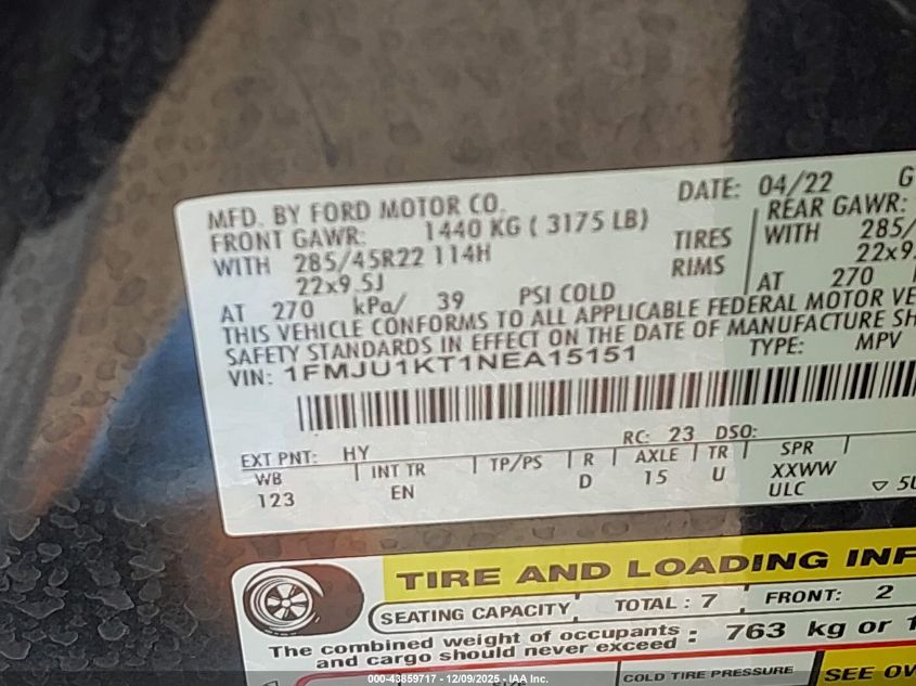 2022 Ford Expedition Limited VIN: 1FMJU1KT1NEA15151 Lot: 43859717