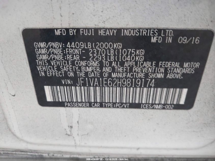 2017 Subaru Wrx Premium VIN: JF1VA1E62H9819174 Lot: 43859720