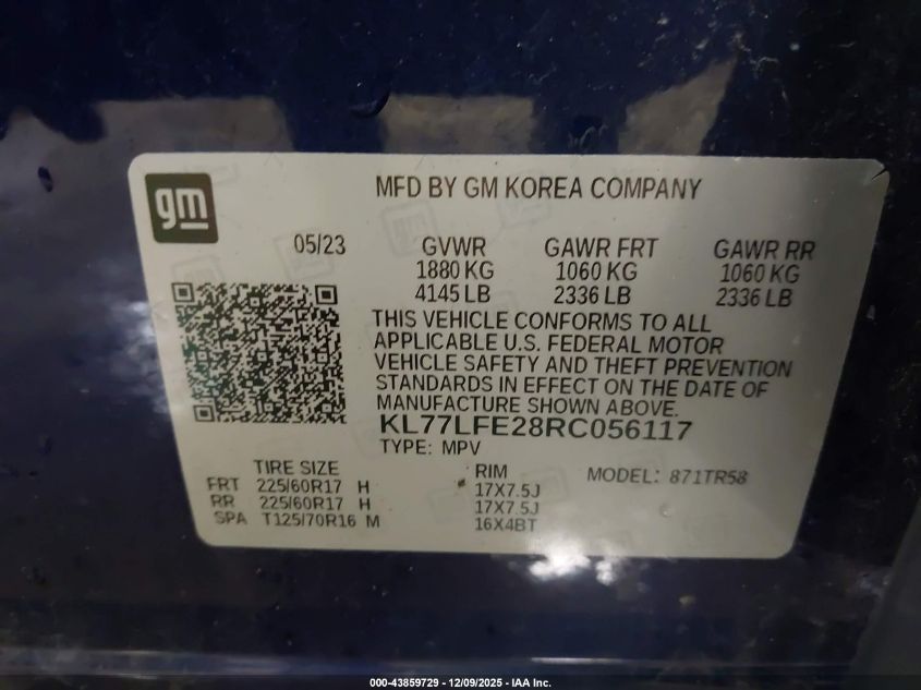 2024 Chevrolet Trax Fwd Sp VIN: KL77LFE28RC056117 Lot: 43859729