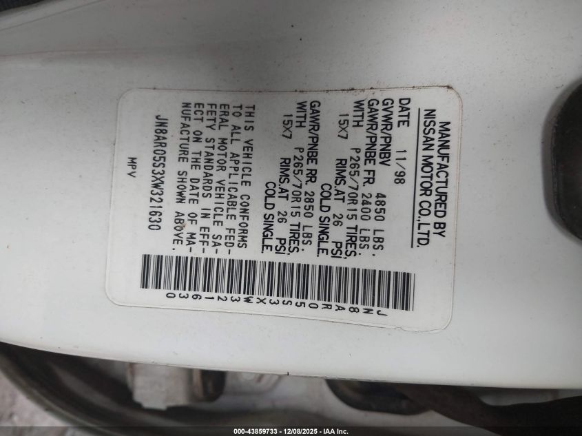 1999 Nissan Pathfinder Le/Se/Xe VIN: JN8AR05S3XW321630 Lot: 43859733