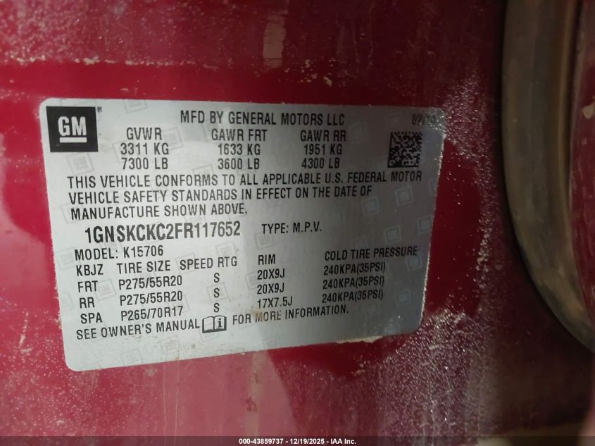 2015 Chevrolet Tahoe Ltz VIN: 1GNSKCKC2FR117652 Lot: 43859737
