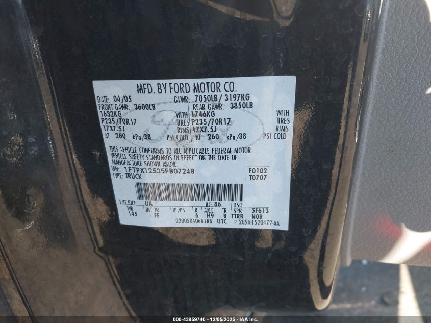 2005 Ford F-150 Lariat/Xl/Xlt VIN: 1FTPX12535FB07248 Lot: 43859740