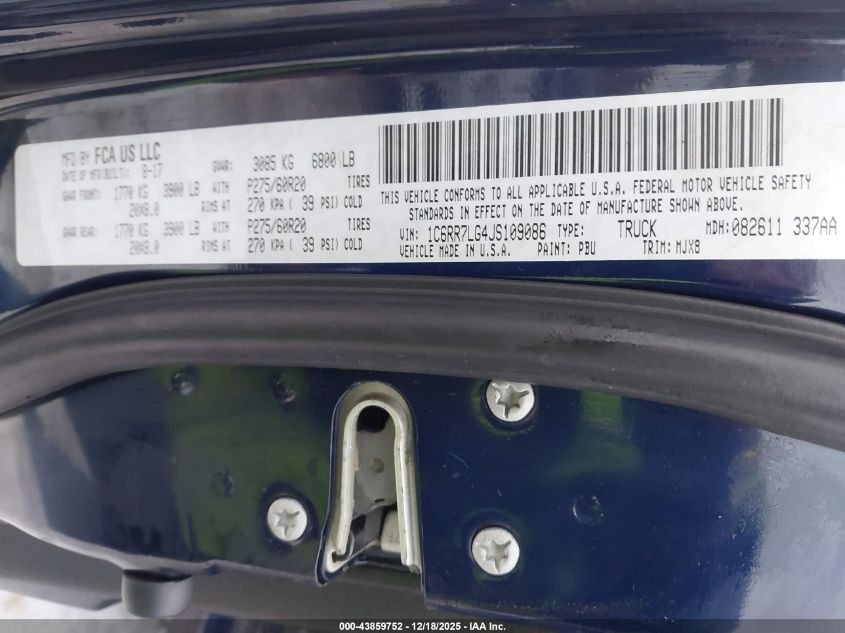 2018 Ram 1500 Big Horn 4X4 5'7 Box VIN: 1C6RR7LG4JS109086 Lot: 43859752