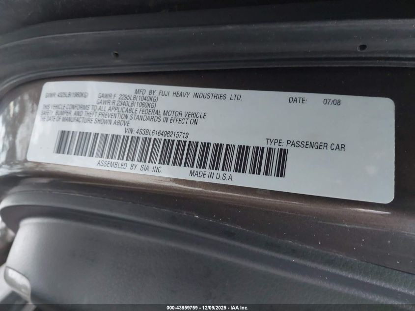2009 Subaru Legacy 2.5I VIN: 4S3BL616496215719 Lot: 43859759