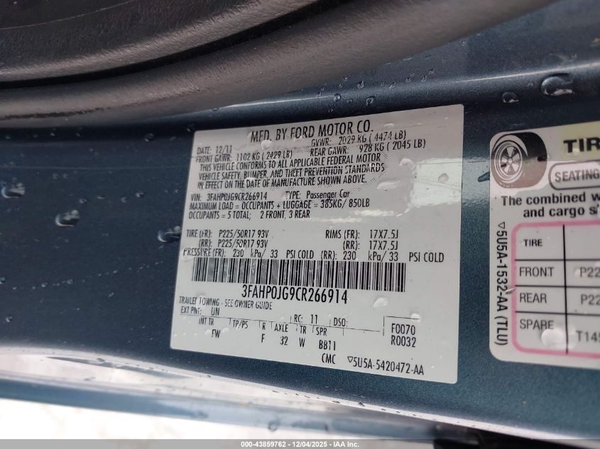 2012 Ford Fusion Sel VIN: 3FAHP0JG9CR266914 Lot: 43859762