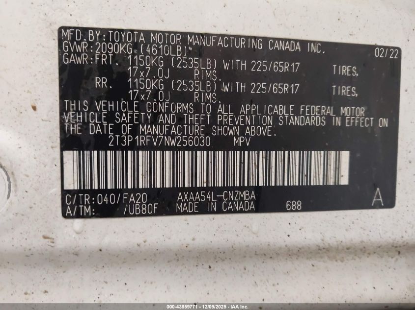 2022 Toyota Rav4 Xle VIN: 2T3P1RFV7NW256030 Lot: 43859771